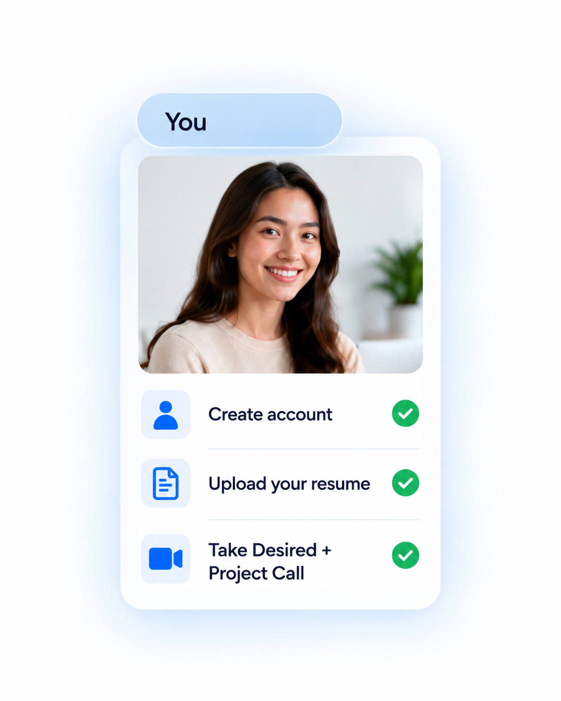 You: create account, upload your resume, and take the desire and project call.